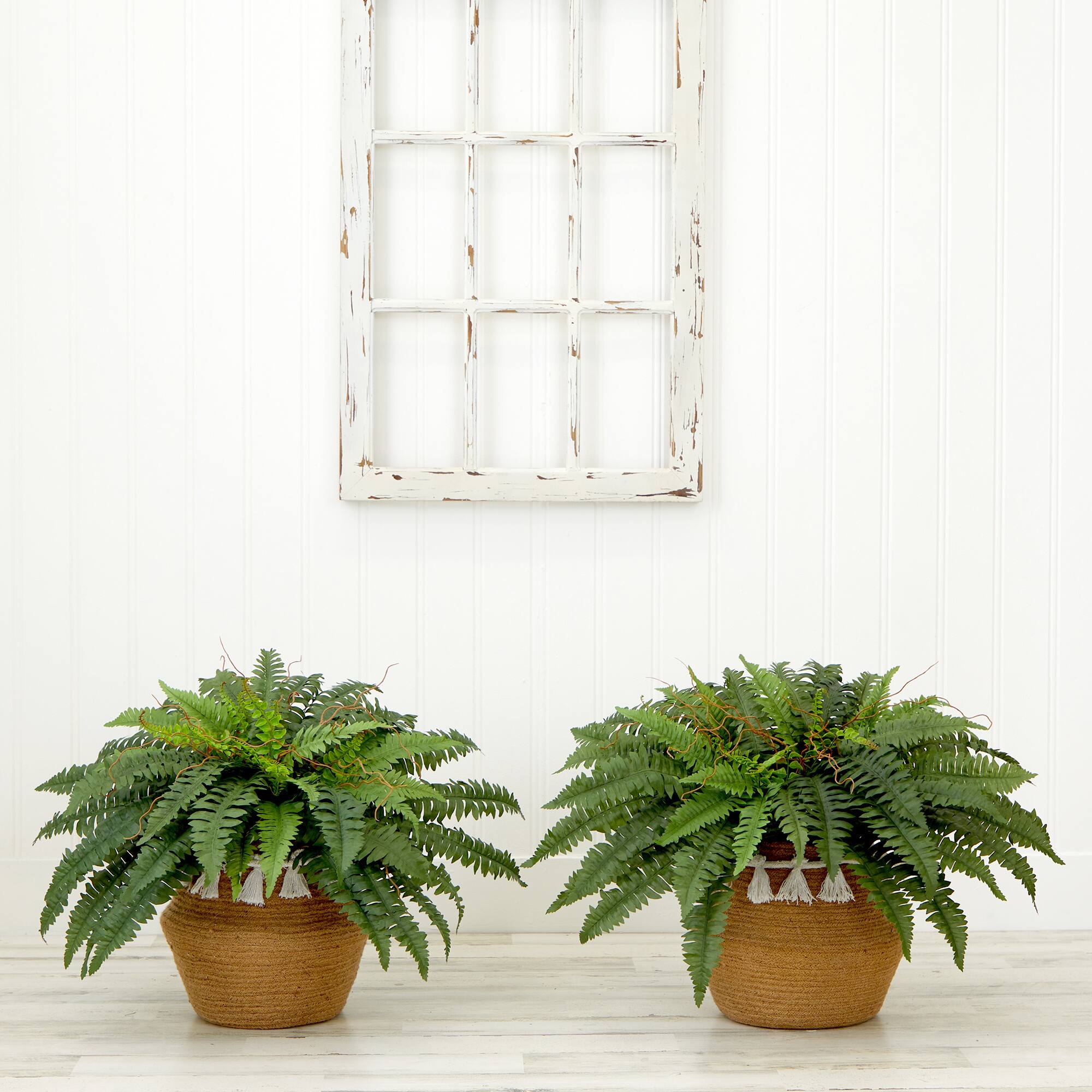 23" Artificial Boston Fern Plant with Handmade Jute & Cotton Basket with Tassels